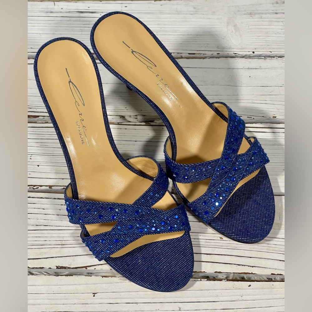 Size 37‎ Lerre exclusive Denim Strap Heel Sandal Rhinestone Italy Leather Sole